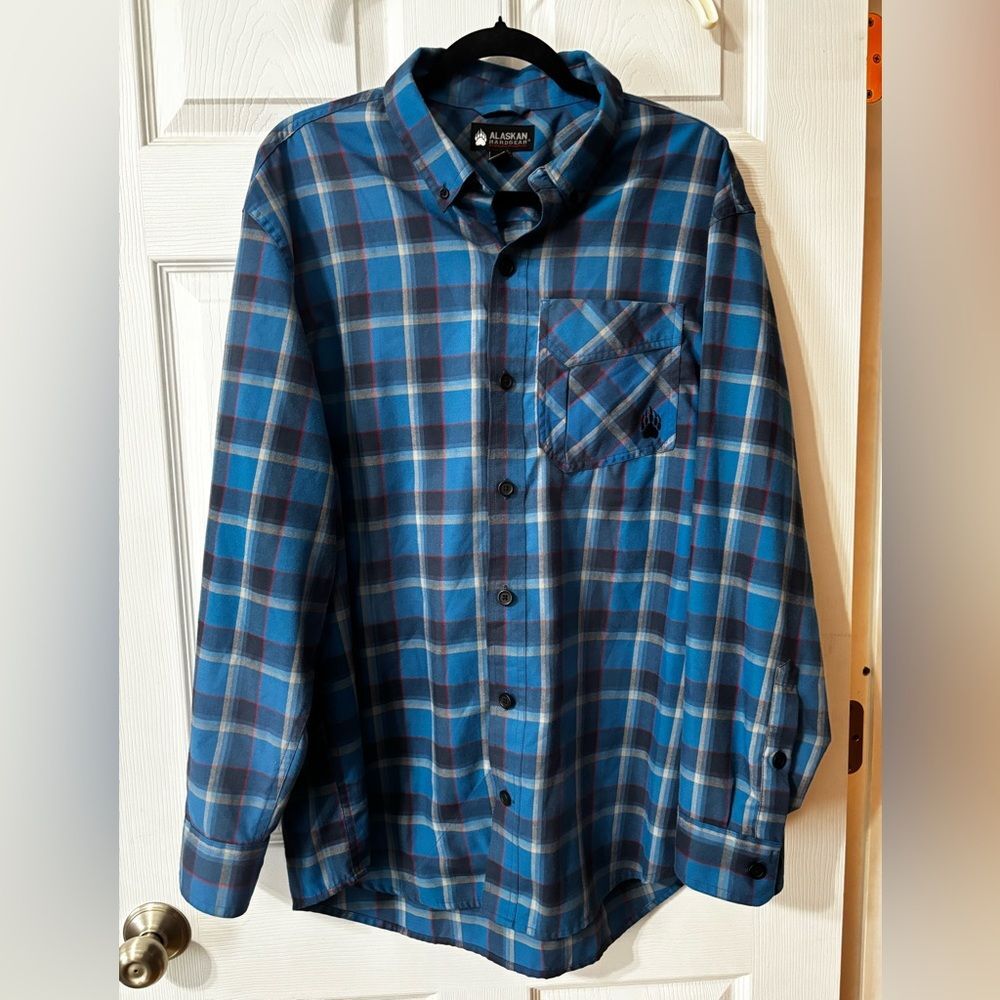 Alaskan Hardgear Duluth Trading Shirt Mens XL Tall Blue Plaid Button Up Twill